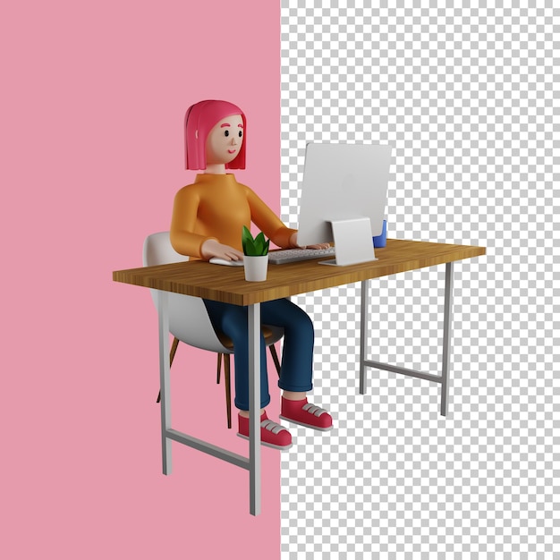 high resolution 3d girl working on a computer