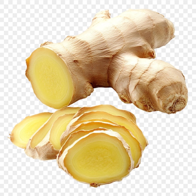 High Resolution Realistische verse gemberwortel met gesneden stukken geïsoleerd op doorzichtige achtergrond