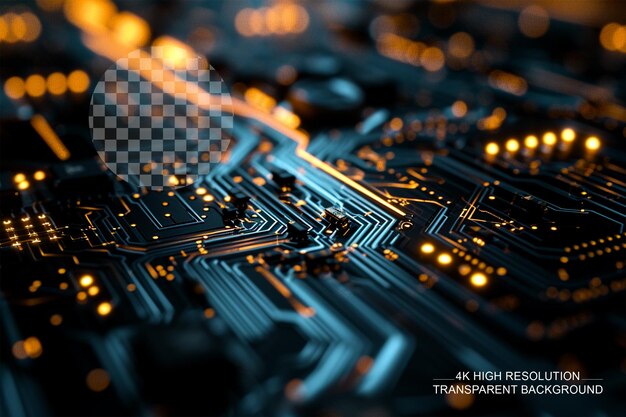 PSD high tech circuit board with light effect on black background on transparent background