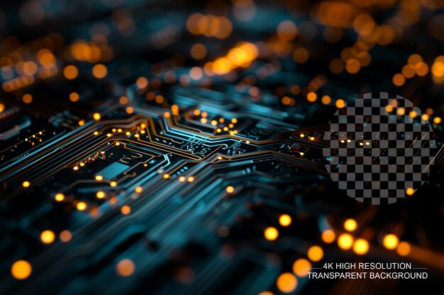 High tech circuit board with light effect on black background on transparent background