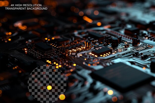 PSD high tech circuit board z efektem świetlnym na czarnym tle na przezroczystym tle