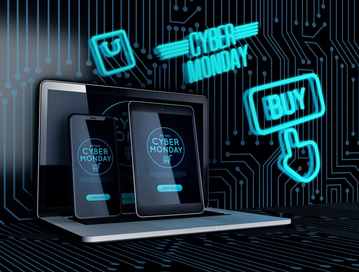 PSD high tech electronic devices next to neon signs