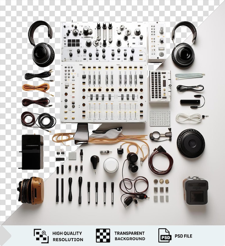 PSD высокотехнологичное электронное музыкальное dj-оборудование, установленное на прозрачном фоне с черными наушниками, черной камерой и черно-серебряной камерой