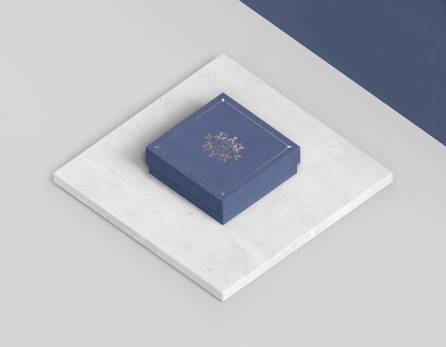 High view of blue closed box for jewellery