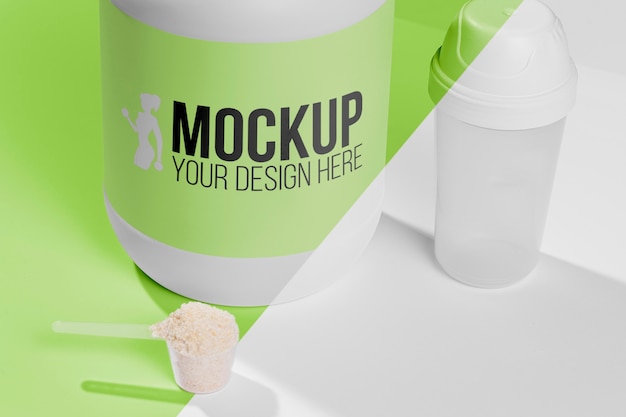 PSD high view green bottle of protein powder mock-up