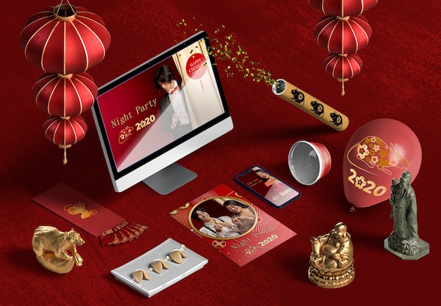 High view laptop and accessories for new year chinese