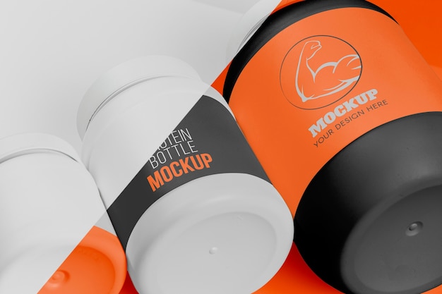 PSD high view orange bottle of protein powder mock-up