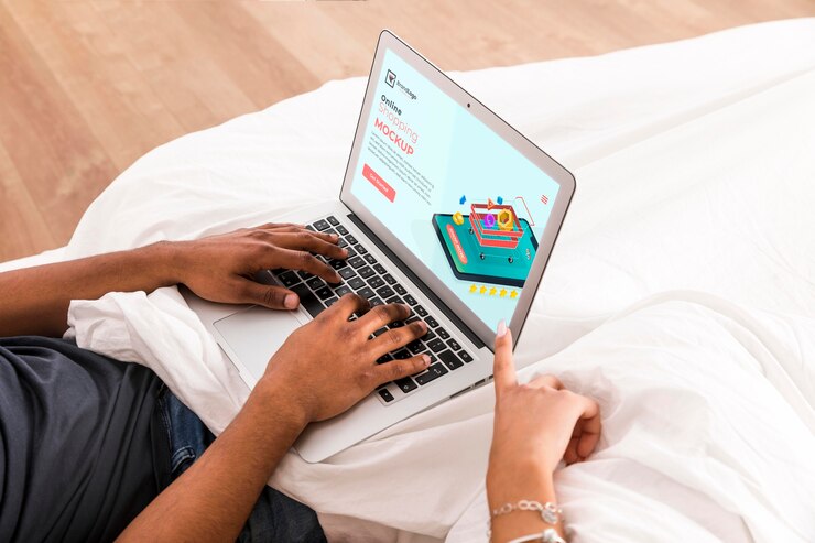 PSD high view person looking at a landing page digital mock-up
