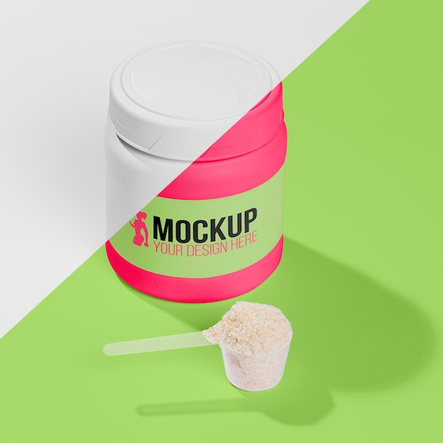 PSD high view pink bottle of protein powder mock-up