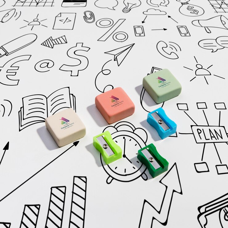 PSD high view rubbers and sharpeners knolling desk concept