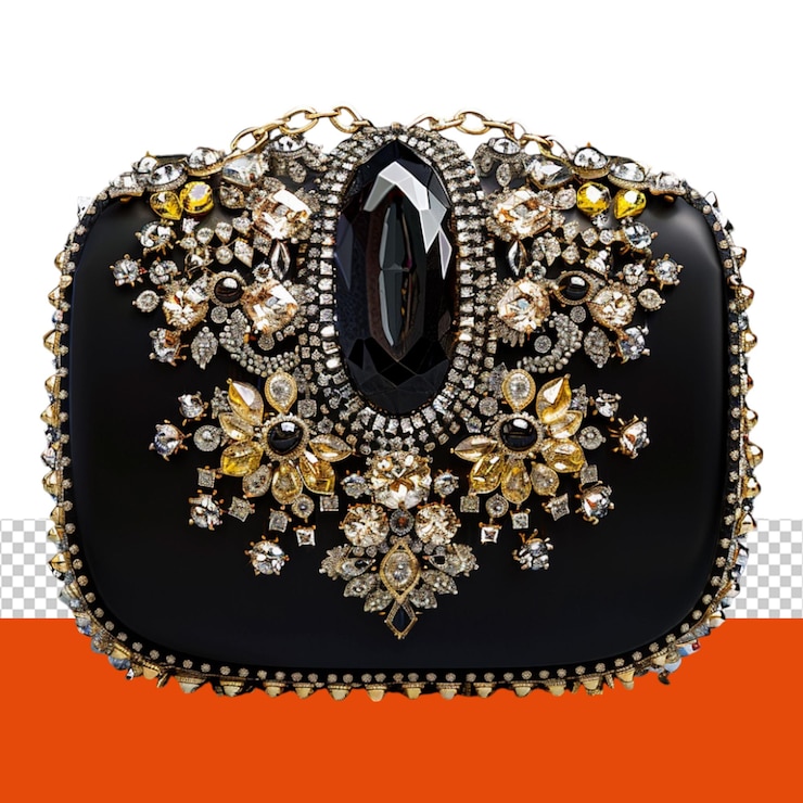 PSD a highangle view of an elegant woman39s handbag adorned with a myriad of diamonds and transparent gemstones set against a minimalistic background the image captures the opulence and fine