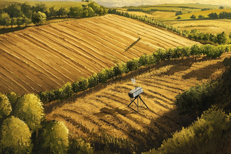 PSD highangle view of a harvested field with a hunting blind