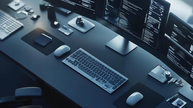 Highangle view of a programmers desk with multiple monitors displaying code
