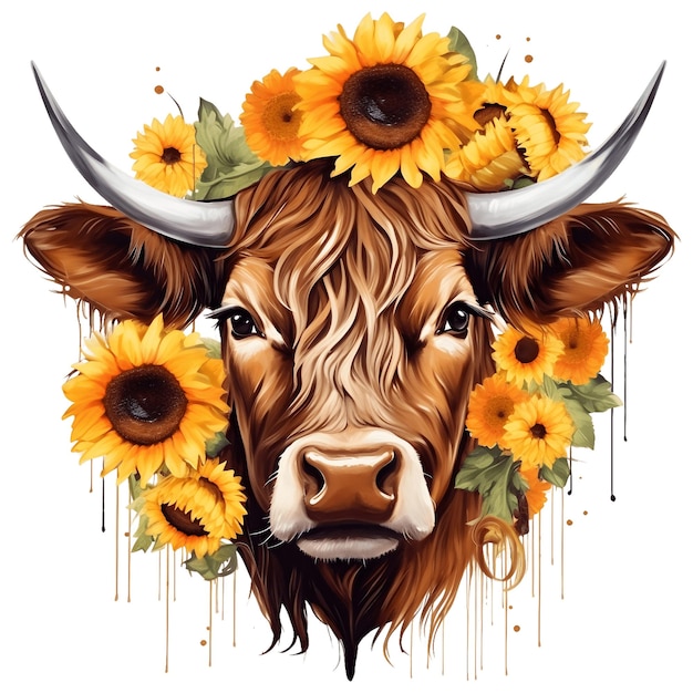 PSD highland longhorn cow scozia con corona di fiori su sfondo trasparente stile acquerello