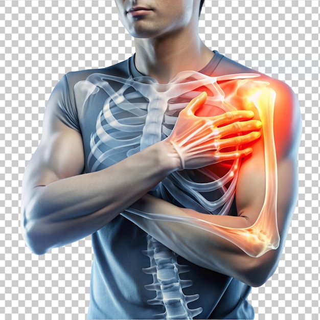 PSD highlighted shoulder pain of blue human on transparent background