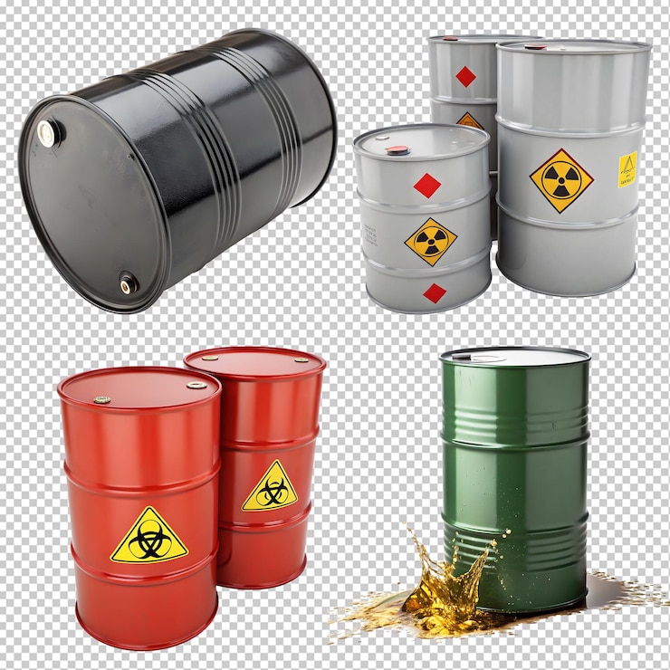 PSD highquality oil and toxic waste drums with transparent background