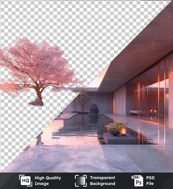 PSD 高品質のプレミアム psd 画像: 大きな岩,小さな木,ピンクの木とやかな屋外環境