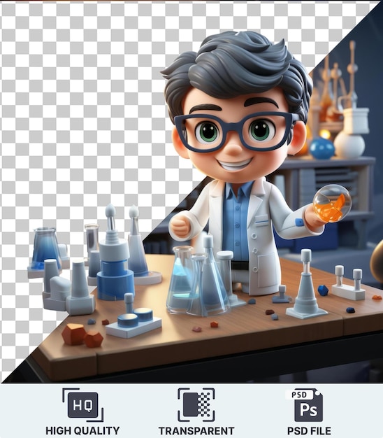 PSD highquality transparent psd 3d cartone animato di uno scienziato che conduce esperimenti in un laboratorio