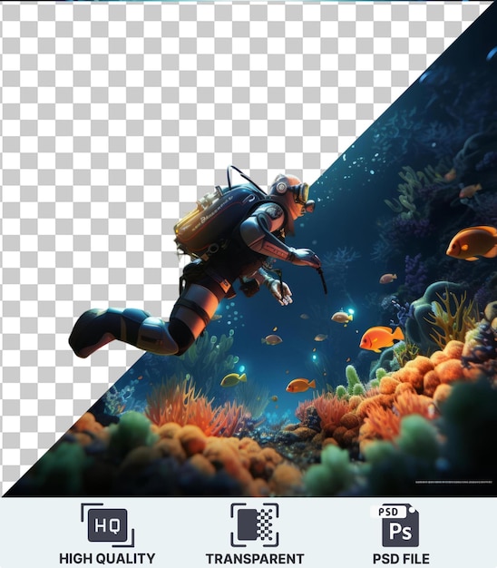 Highquality transparent psd 3d scuba diver cartoon interacting with marine life