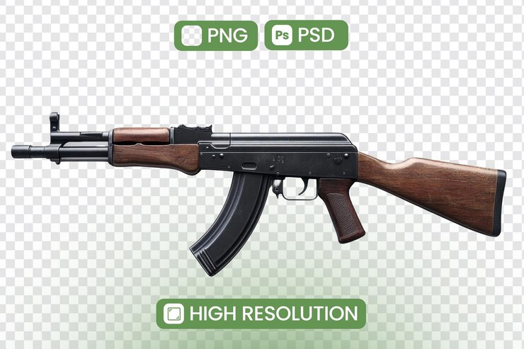 PSD 고해상도 ak47 공격 소총 모델 png 및 psd 형식의 세부 3d 렌더링 게임 군사 역사 프로젝트 및 무기 애호가에 완벽합니다.