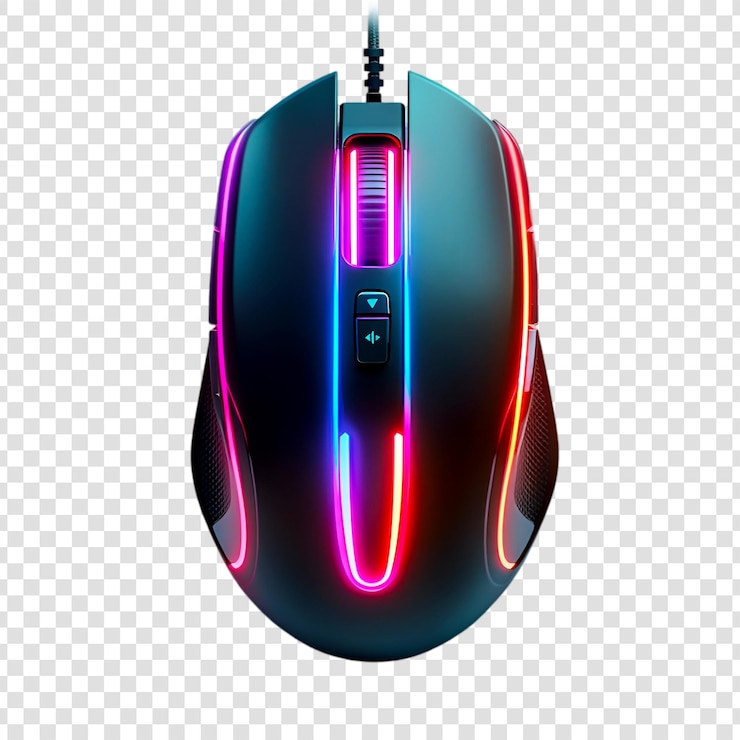 PSD hightech gaming mouse with vibrant rgb lighting on a transparent background