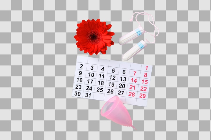PSD higiena kobieca i menstruacja produkty higieny kobiecej z kalendarzem i kwiatem izolowanymi na białym png