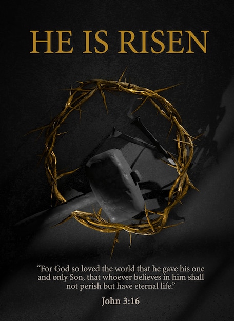 Hij is verrezen Pasen posterontwerp Jezus Christus kroon van doornen nagels en hamer symbool van opstanding 3D-rendering