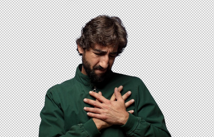 PSD hij zag er verdrietig uit, gekwetst en gebroken, hield beide handen dicht bij zijn hart, huilde en voelde zich depressief.