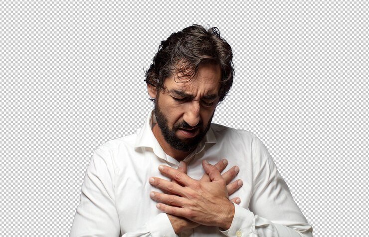 PSD hij zag er verdrietig uit, gekwetst en gebroken, hield beide handen dicht bij zijn hart, huilde en voelde zich depressief.