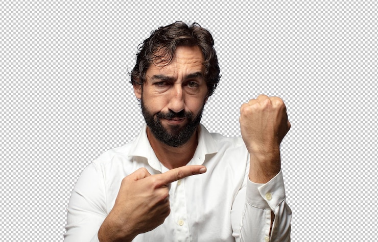 PSD hij ziet er ongeduldig en boos uit, wijst op het horloge, vraagt om punctualiteit, wil op tijd zijn.