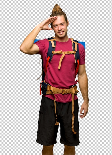 PSD hiker man with mountain backpacker saluting with hand