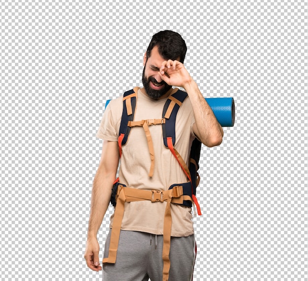 PSD hiker man with tired and sick expression