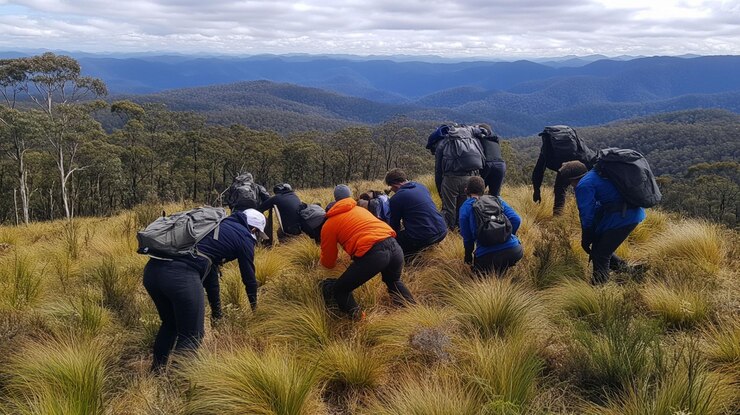 PSD hikers crouching in tall grass on mountaintop scenic view