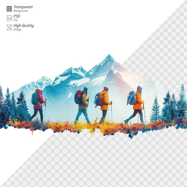 PSD hikers with backpacks walking in autumn mountains