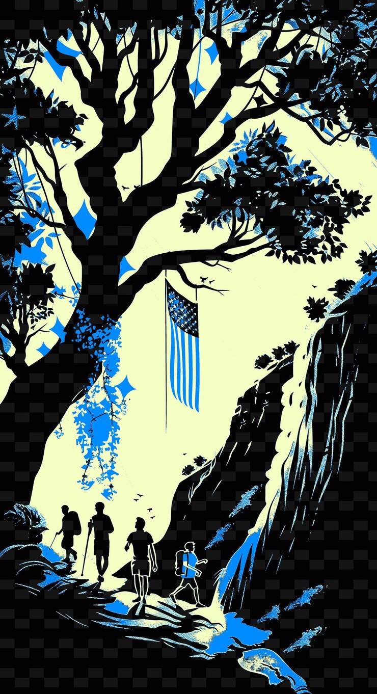 PSD hiking scene with people hiking through a forest a large ame creative illustration idea designs