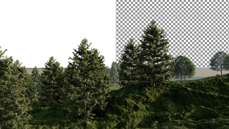 PSD хилл трава и сосны png прозрачный фон 3d рендеринг