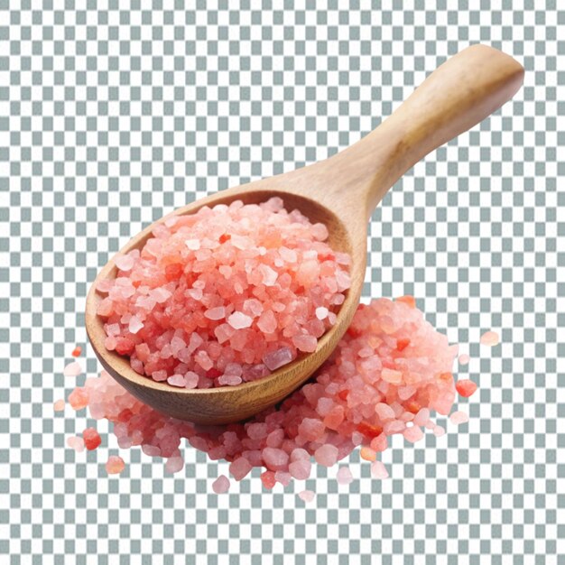 PSD himalayan crystal tibetan pink coarse sea salt in wooden scoop isolated on white background