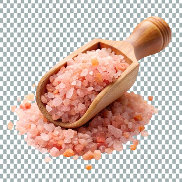 PSD himalayan crystal tibetan pink coarse sea salt in wooden scoop isolated on white background