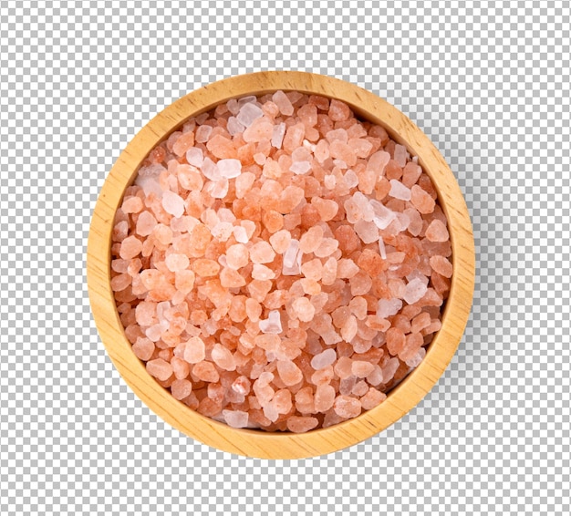 Himalayan salt raw crystals in wood bowl Isolated on alpha layer