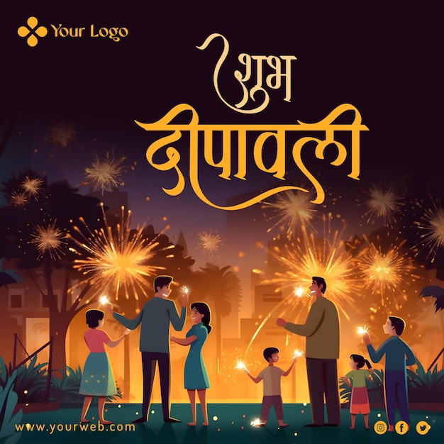 PSD hindu diwali festival social media post with people celebrating festival with hindi typography