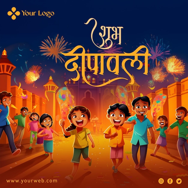 Post sui social media del festival hindu diwali con persone che celebrano il festival con la tipografia hindi