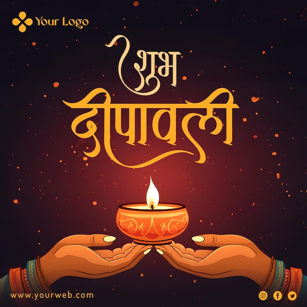 PSD hindu diwali festival social media post with realistic traditional glowing diya hindi typography