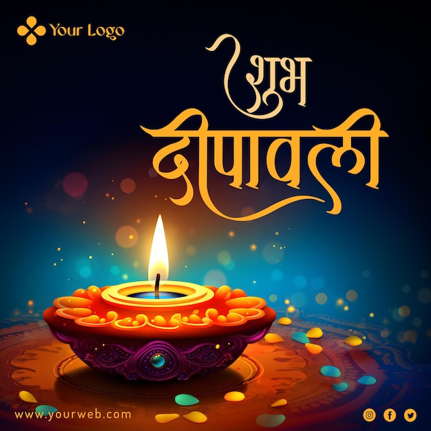 PSD hindu diwali festival social media post with realistic traditional glowing diya hindi typography