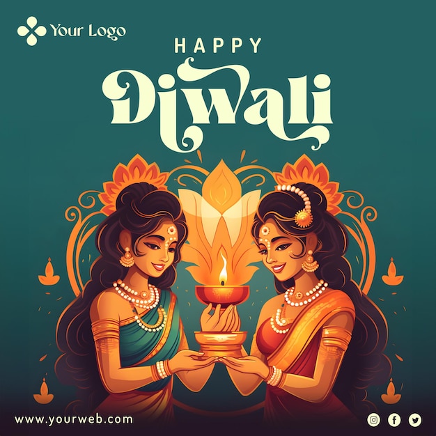 Hindu diwali festival social media post with realistic traditional glowing diya