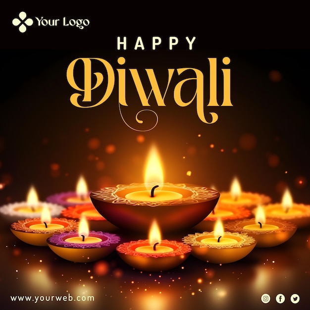 PSD hindu diwali festival social media post with realistic traditional glowing diya