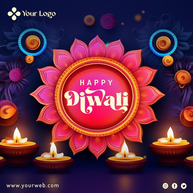 PSD hindu diwali festival social media post with realistic traditional glowing diyas