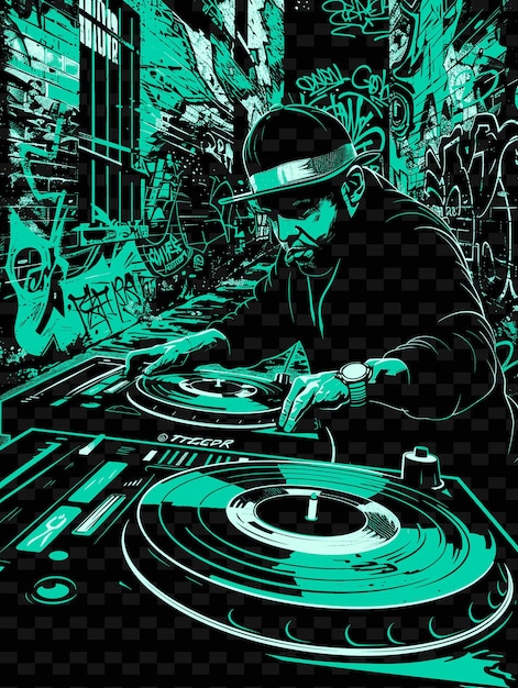 PSD hip-hopowy dj rysuje płyty w graffiti pokrytej aleją ilustracja projekty plakatów muzycznych