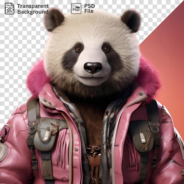 PSD hip vibes with a pink jacket and furry ears a white bear with a black nose and brown eyes and a black and gray strap in front of a red wall