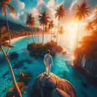 PSD hiperealistyczny widok krajobrazu tropikalny zachód słońca plaża wyspa palmowa plaża karaibskie urlopy