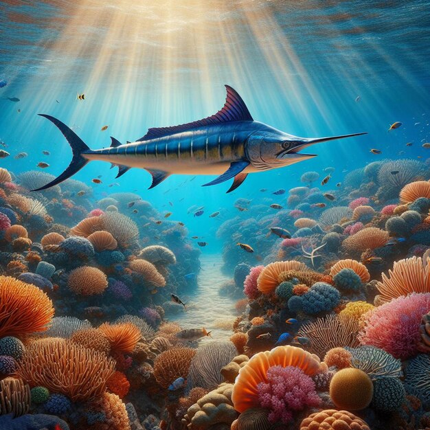Hiperrealistyczna Aminowa Ryba Niebieski Marlin Pływający W Oceanie Tapeta Tło Morze Na Wybrzeżu